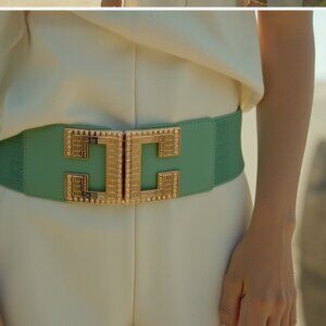 Women Jade Teal Elastic Wide Fashion Belt Hip Waist Gold Metal C Buckle Fit S M